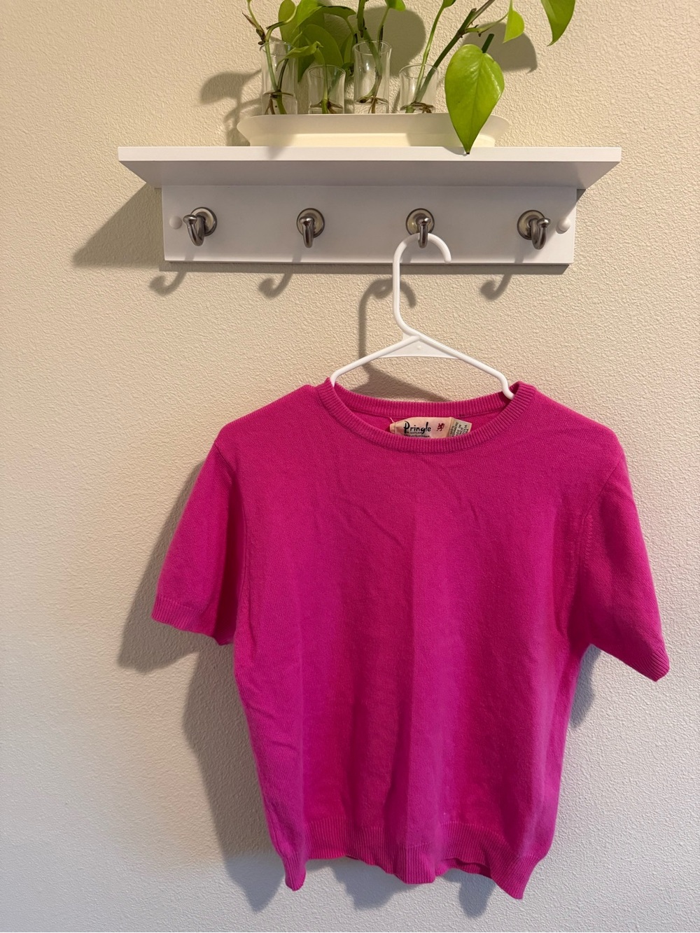 Vintage Pringle Cashmere Bright Pink Short-Sleeve Crew Neck Sweater